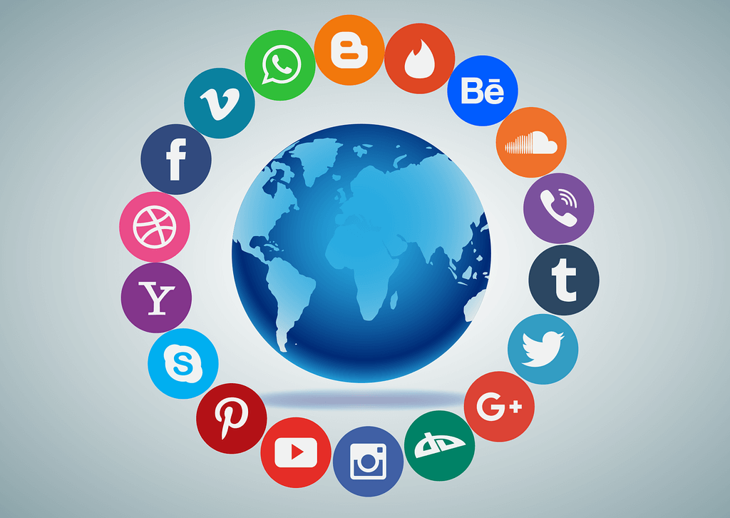 Icons of social medias revolve around Earth.