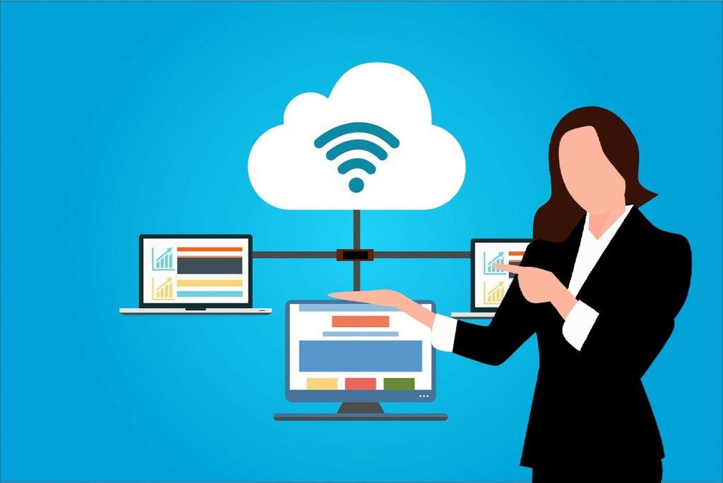 woman showing the process of cloud computing