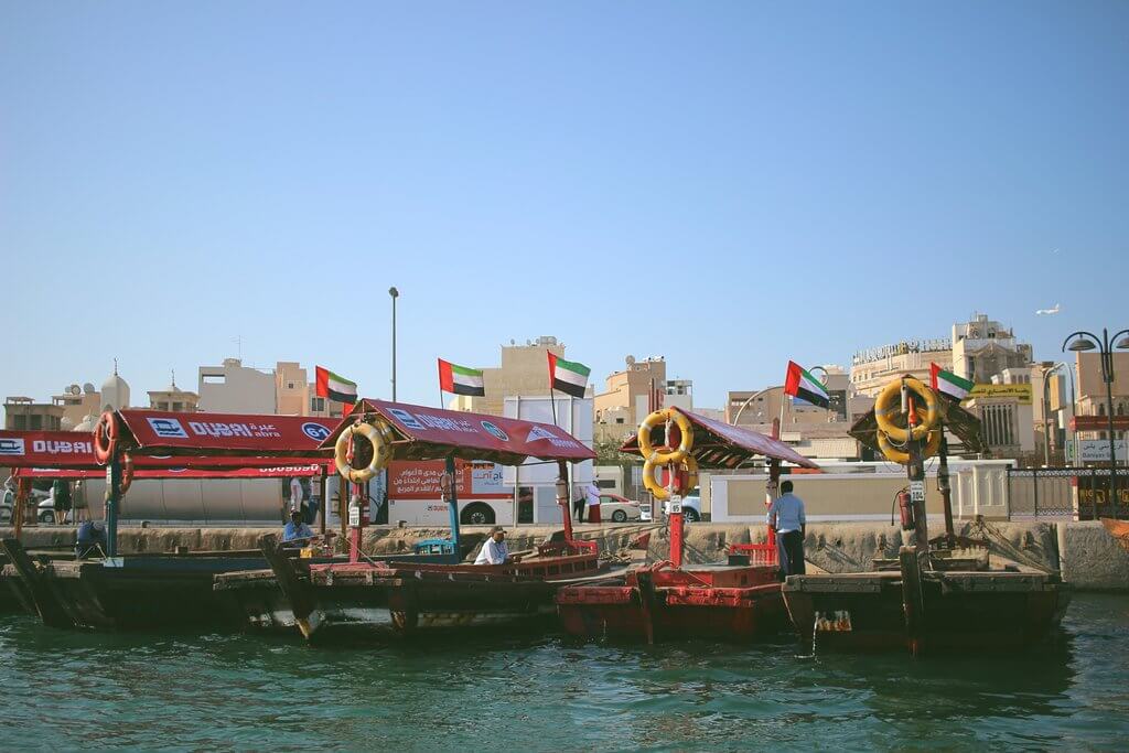 an image of small water taxi- called as "Dubai Abra: