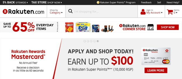 Rakuten  affiliate marketing website home page.