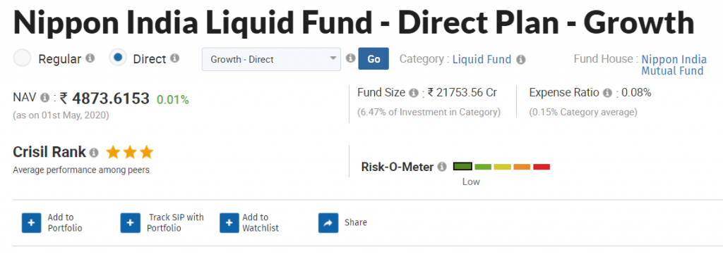 Example of debt liquid fund as nippon india liquid fund.