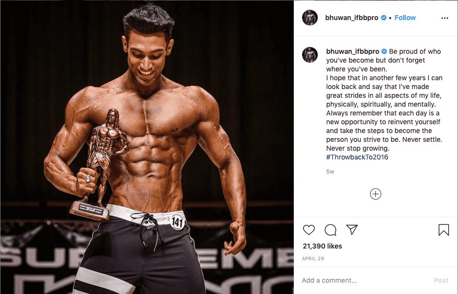Bhuwan Chauhan posing with his first pro trophy. Bhuwan is a motivation for many bodybuilders all around the world.
