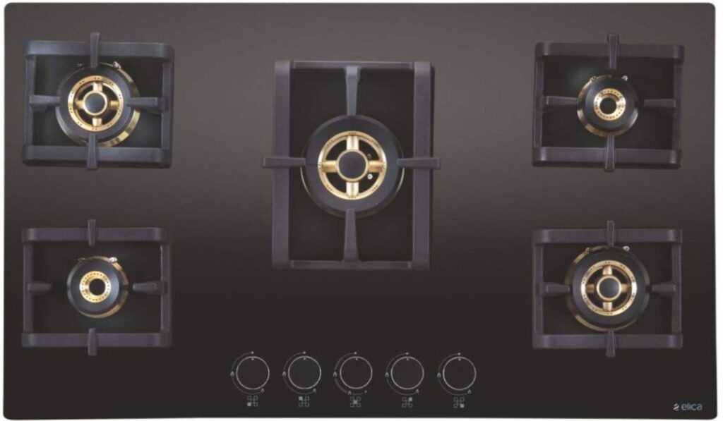 the image of Elica PRO FB MFC 5B 90 MT FFD Brass Automatic Gas Stove with five burners